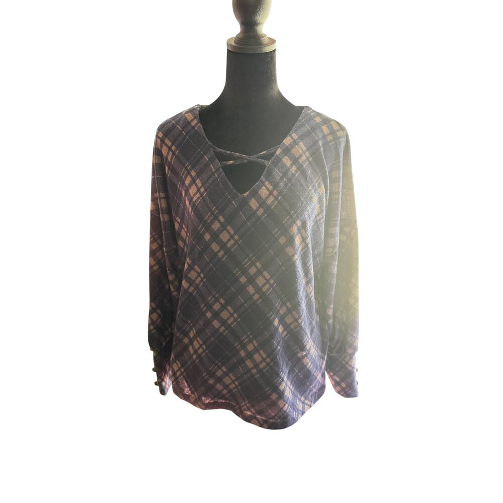 NY Collection Plaid Criss Cross V-Neck Knit Top Blue Tan Women's Size L